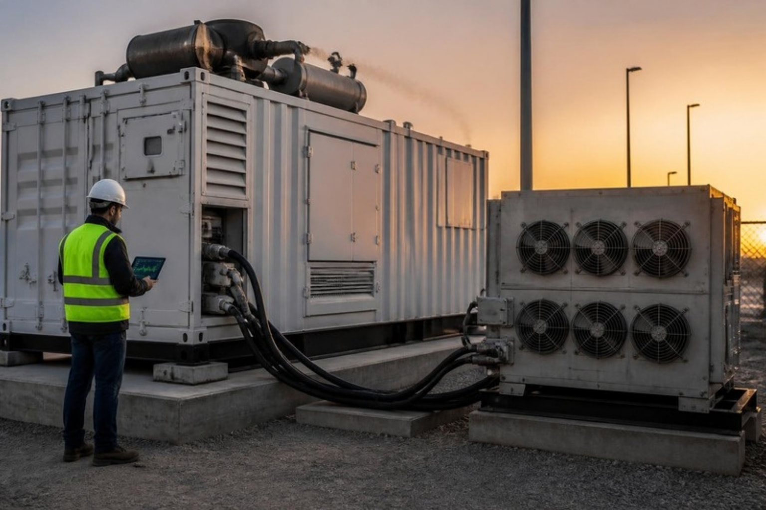 Engineer load testing a containerised generator at dusk (illustration)
