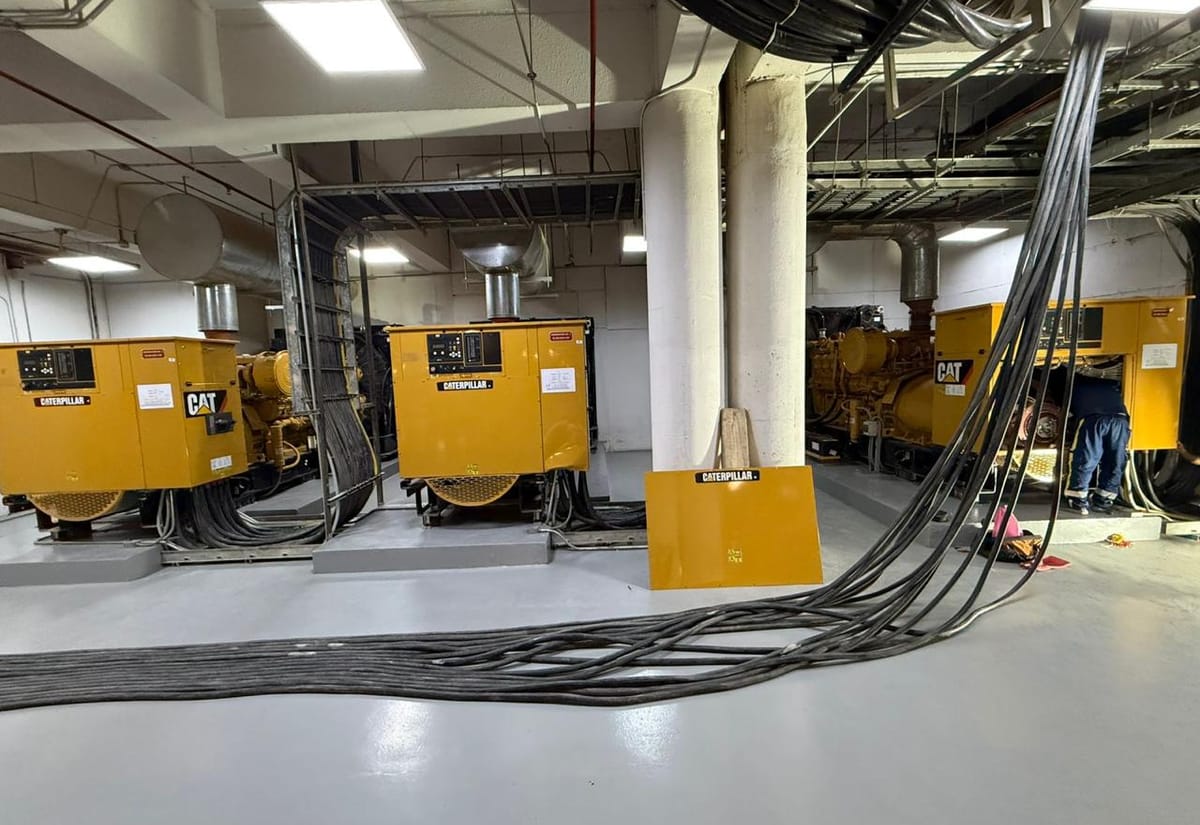 Generator room with power cables connected for testing